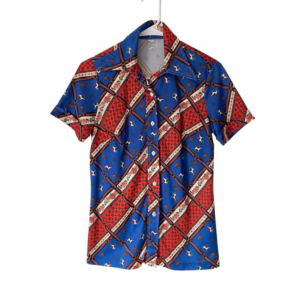 Vintage 70s Disco Equestrian Horse Print Blue Red Button Down Shirt large